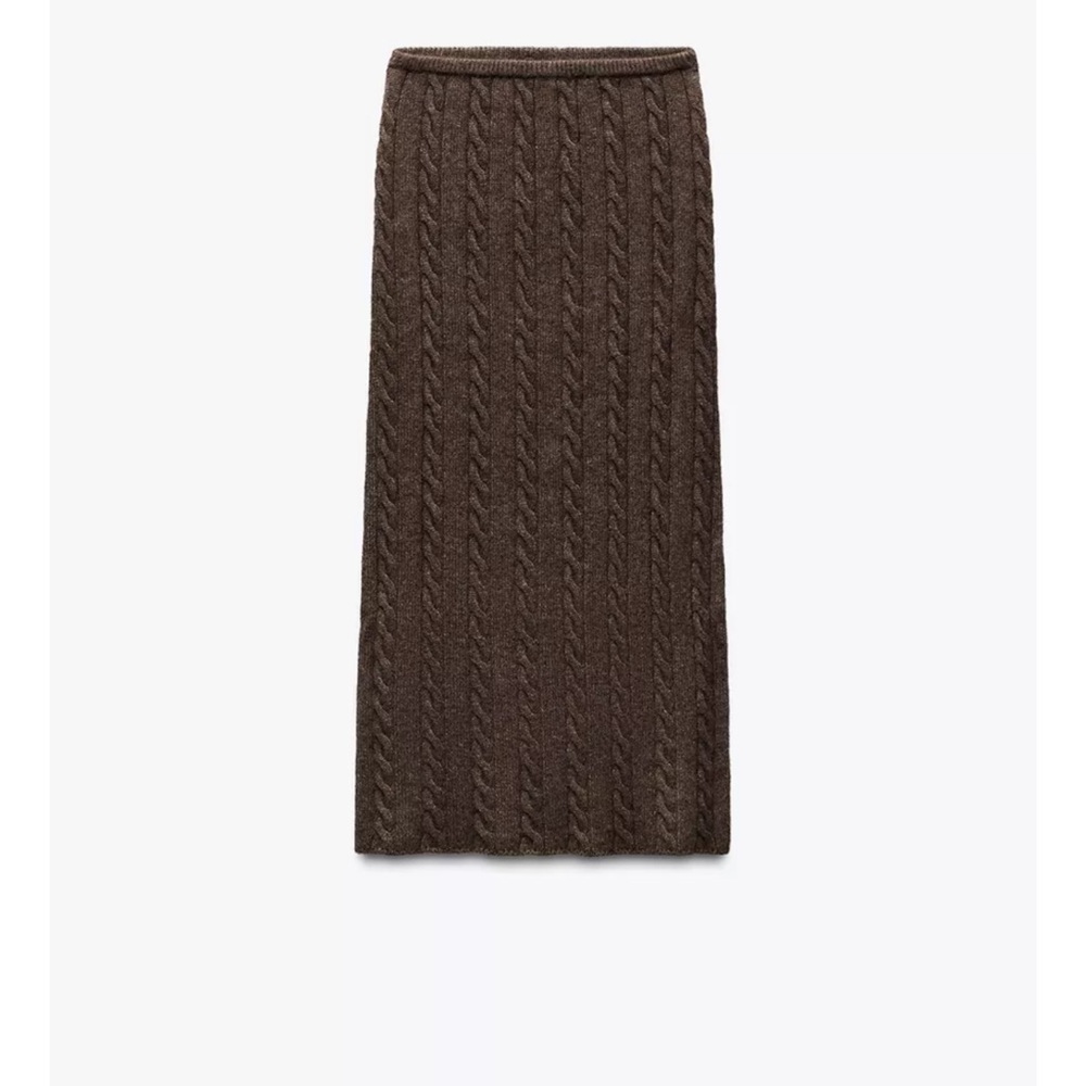ZARA BROWN CABLE KNIT WOOL BLEND MIDI SKIRT
